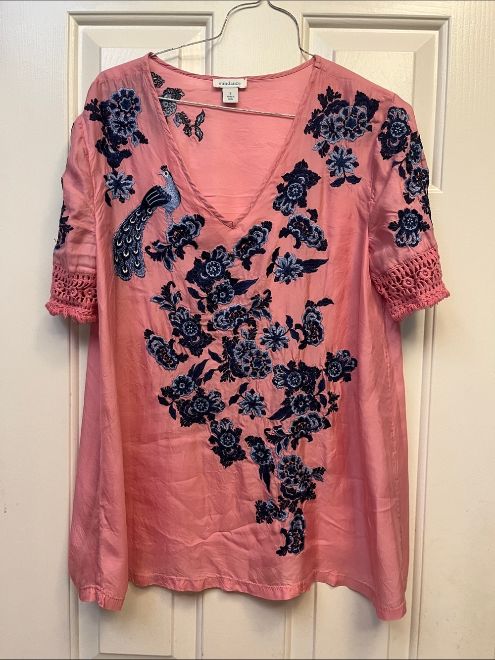 Sundance Pink V-Neck Tunic with Navy Peacock Embroidery S